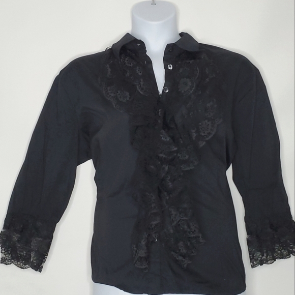 Ruffle Lace Front Shirt Size 2X Black Button-up Top Lace Trim Cuff Steampunk - Picture 13 of 13